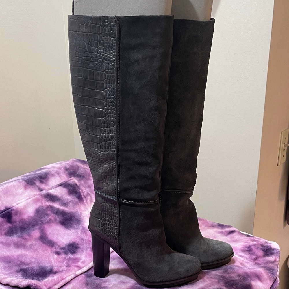 BCBGMAXAZRIA Richelle knee-high boots grayish-brown suede faux crocodile leather